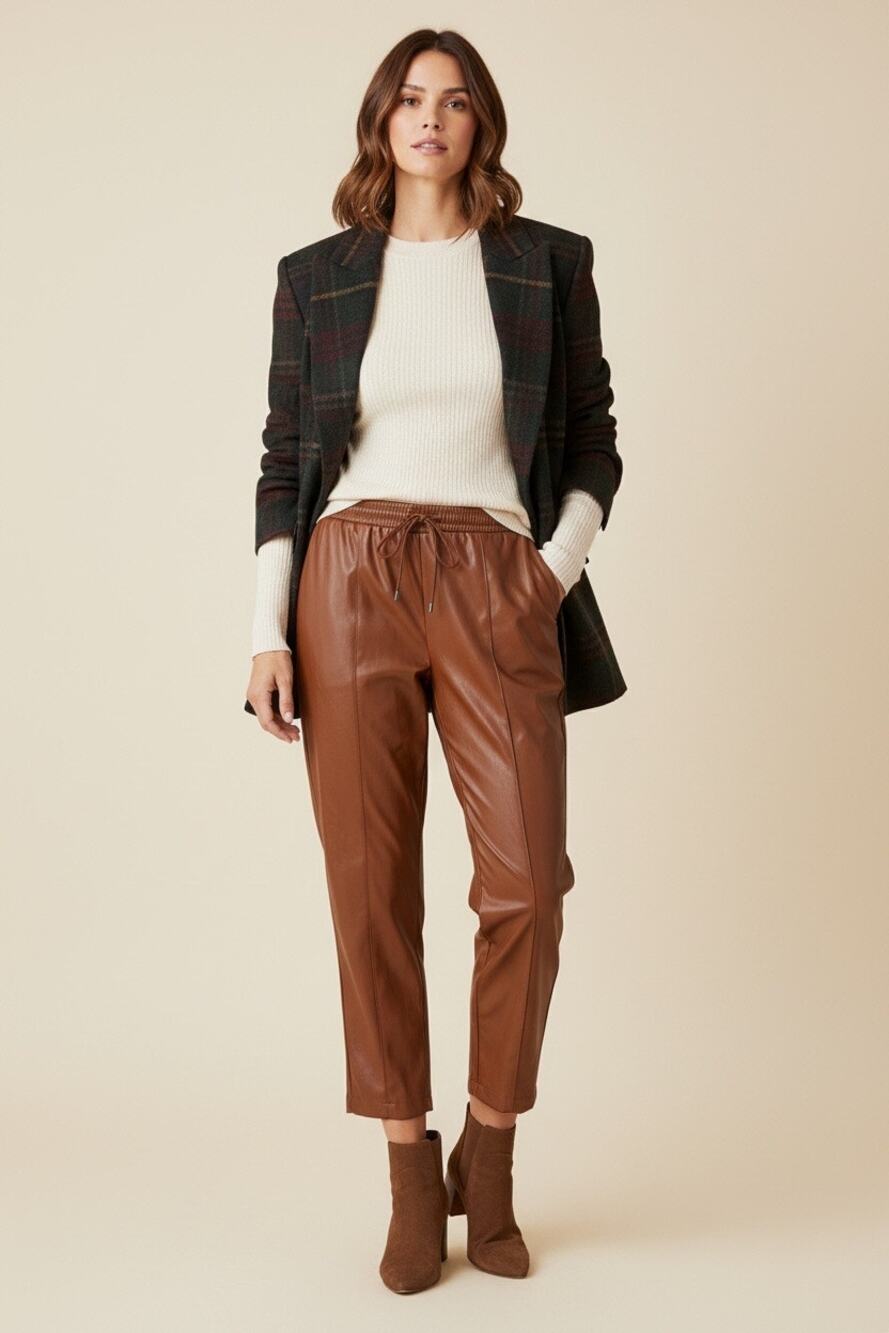 Nine West Faux Leather Sz XL Joggers Flattering Chic Drawstring Chocolate Brown